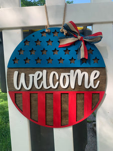 This “Welcome” patriotic themed door hanger is perfect for 4th of July, Memorial Day or just everyday decor!!